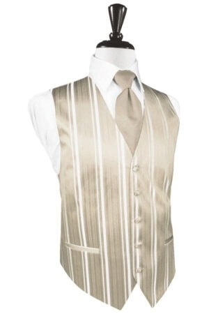 Beige striped waistcoat with a matching tie on a dress form mannequin (formal wear)