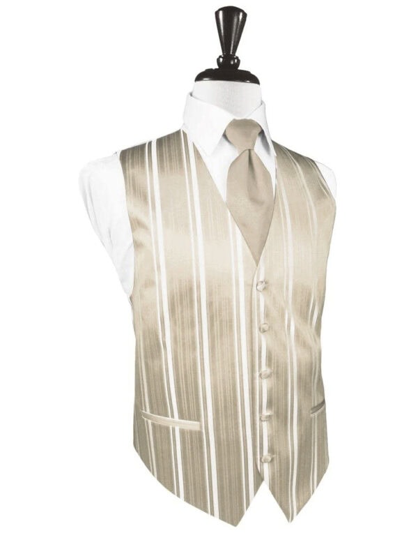 Beige striped waistcoat with a matching tie on a dress form mannequin (formal wear)