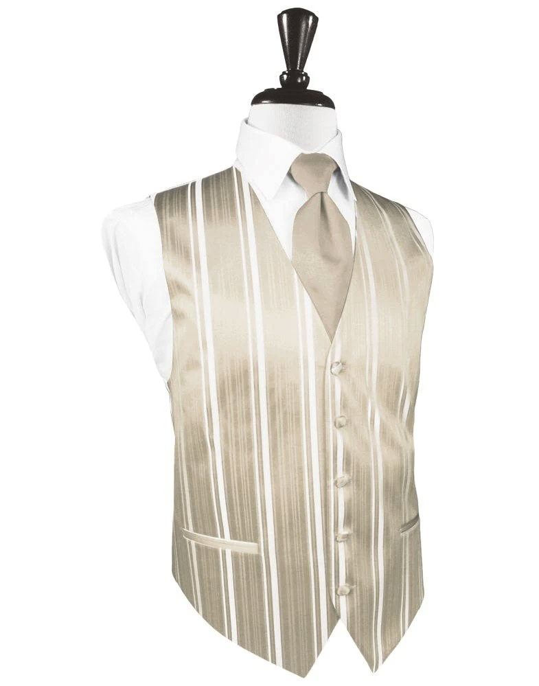 Beige striped waistcoat with a matching tie on a dress form mannequin (formal wear)