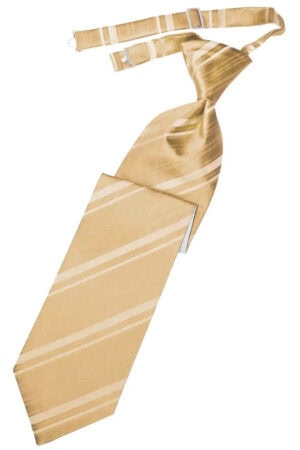 Beige striped necktie with diagonal white stripes and a tied knot visible across the top edge 5cm from the tip