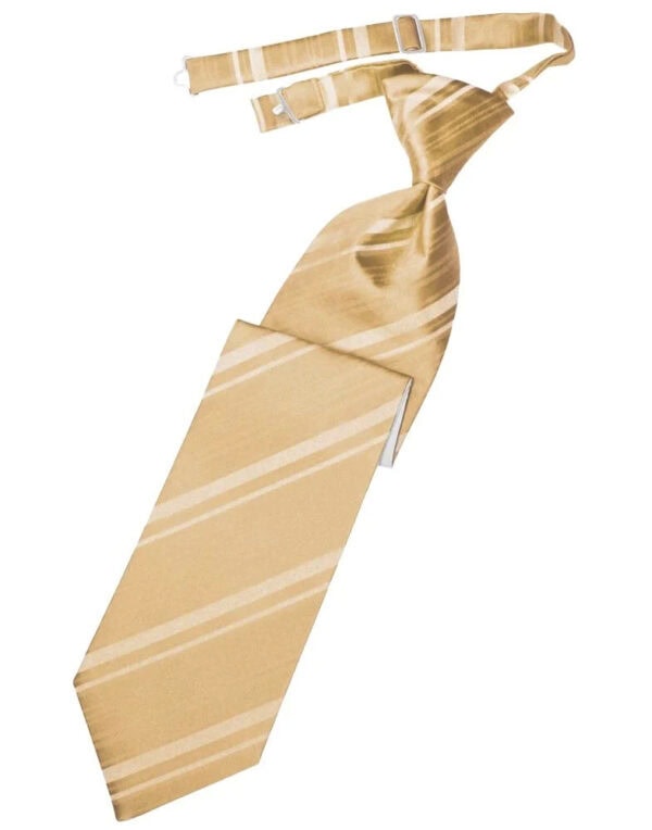 Beige striped necktie with diagonal white stripes and a tied knot visible across the top edge 5cm from the tip