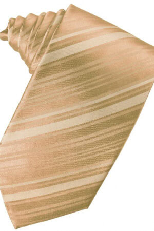Gold silk necktie with diagonal beige stripes laid flat as a fashion accessory
