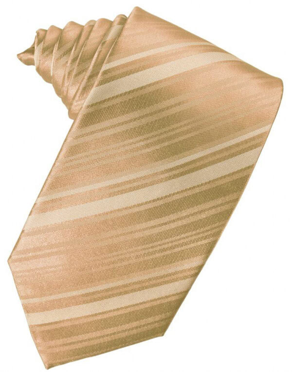 Gold silk necktie with diagonal beige stripes laid flat as a fashion accessory