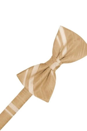 Beige striped bow tie with a tied knot on a matching strap, isolated on white background.