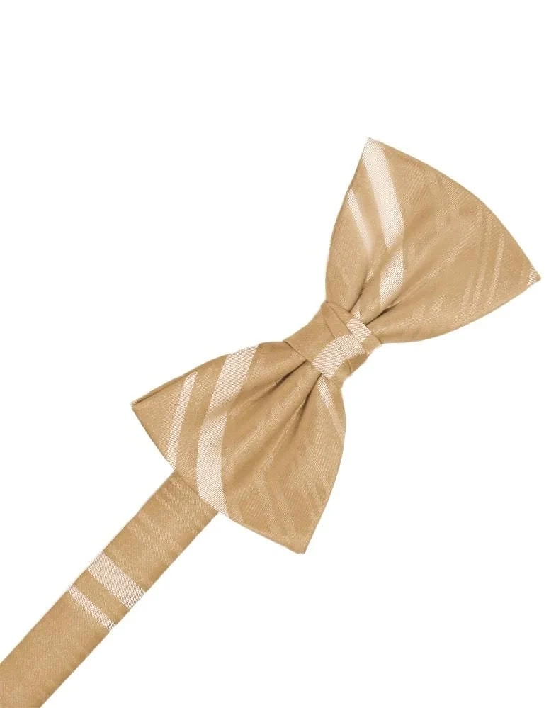 Beige striped bow tie with a tied knot on a matching strap, isolated on white background.