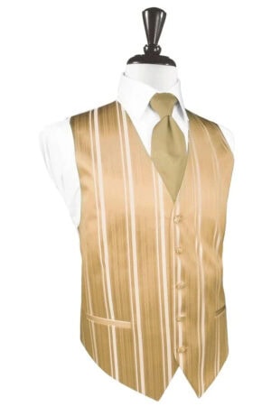 Mannequin wearing a tan striped waistcoat with a matching gold tie over a white dress shirt.