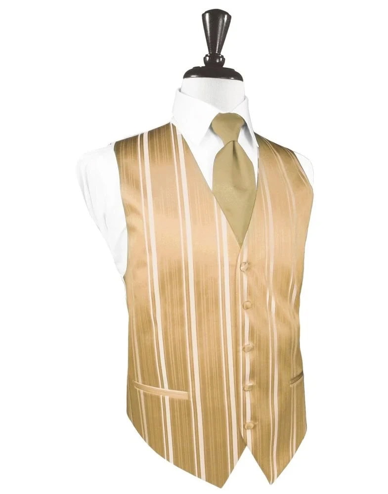 Mannequin wearing a tan striped waistcoat with a matching gold tie over a white dress shirt.