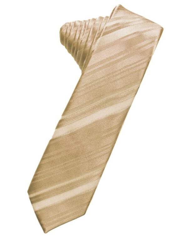 Beige striped necktie laid diagonally across a white background.