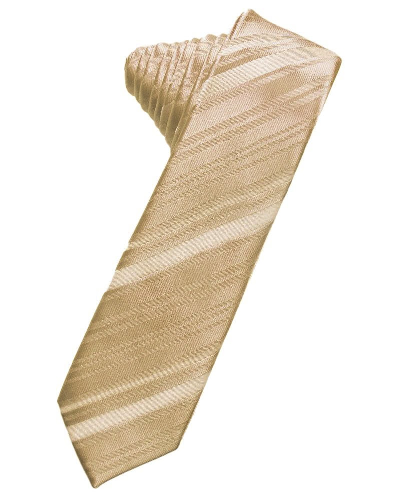 Beige striped necktie laid diagonally across a white background.