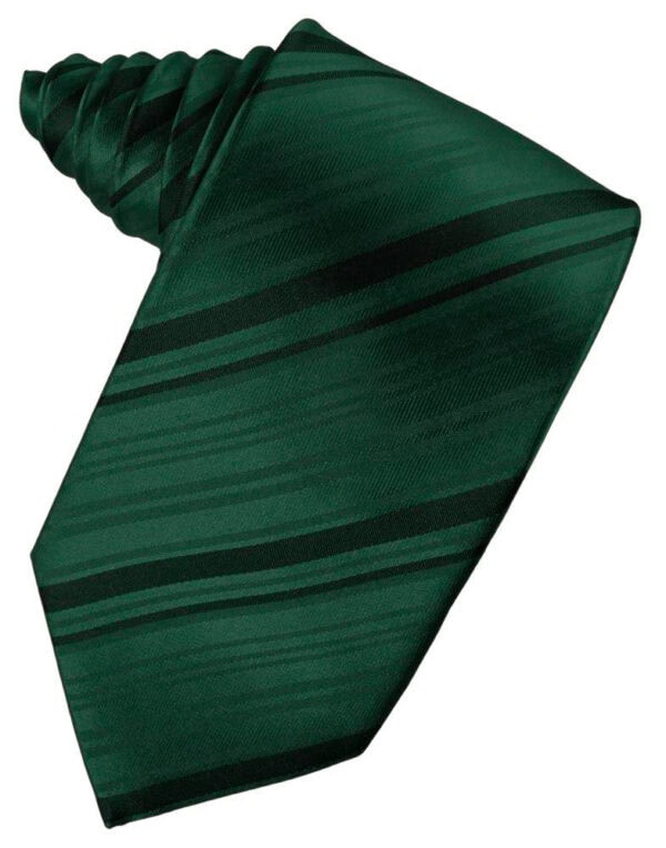 Green striped necktie with diagonal dark stripes on a white background (formal wear accessory).