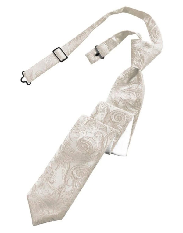Cream paisley tie with adjustable strap and metal buckle, displayed laid out flat.