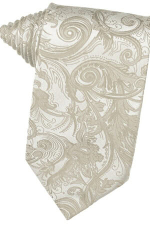 Beige necktie with an ornate paisley-damask pattern.