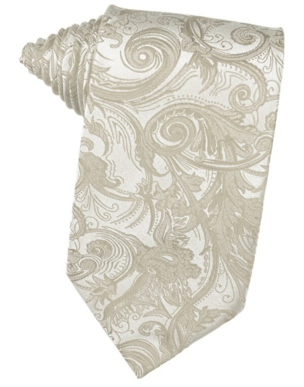 Beige necktie with an ornate paisley-damask pattern.
