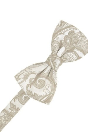 Beige patterned bow tie tied in a classic knot with a paisley design.