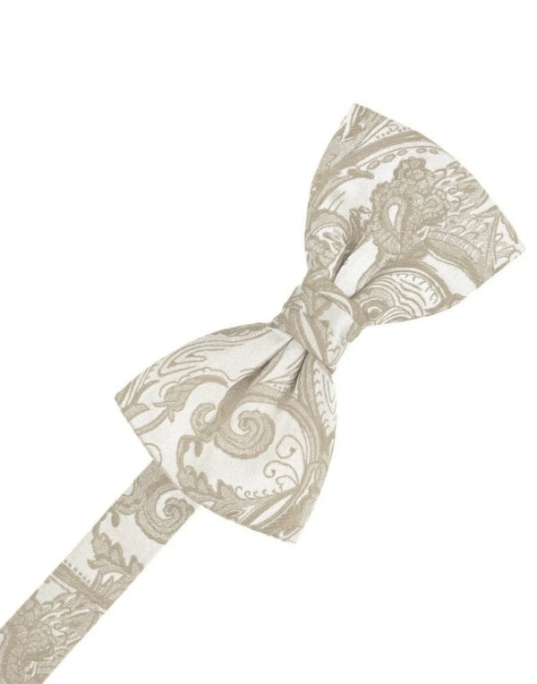 Beige patterned bow tie tied in a classic knot with a paisley design.