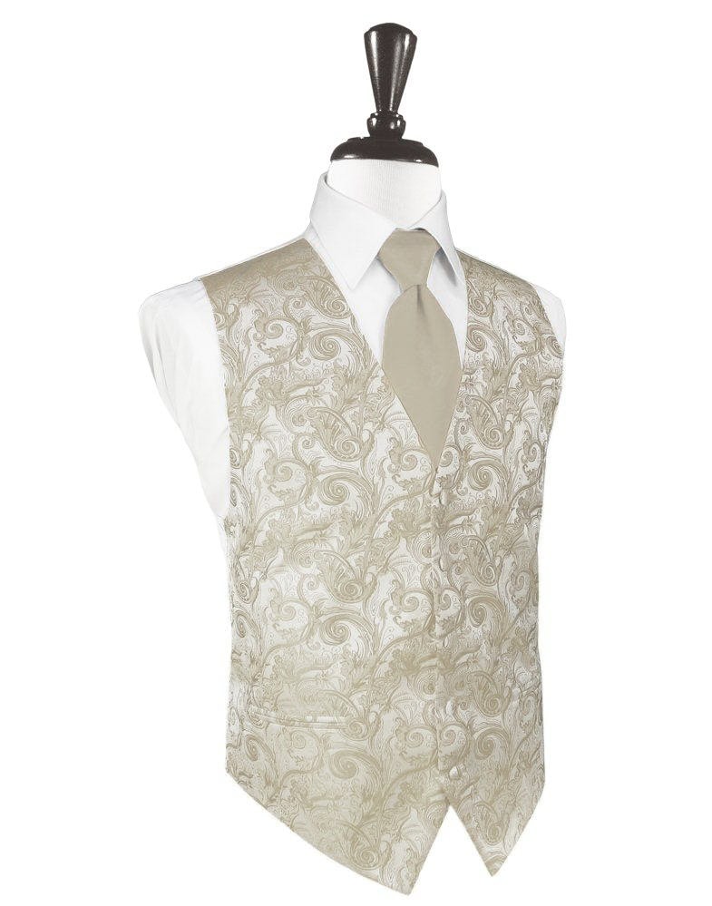 Beige paisley-patterned vest over a white dress shirt with a taupe tie on a dress form mannequin