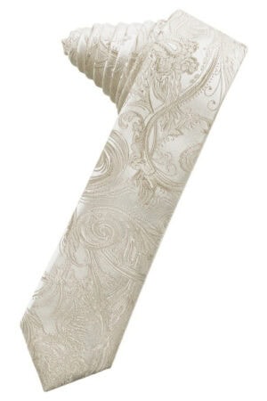 Cream-colored necktie with an intricate paisley and floral pattern.