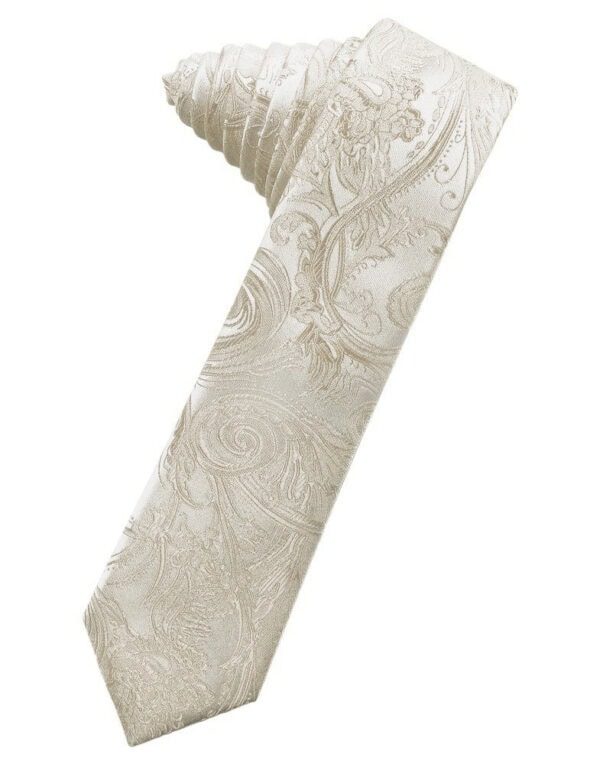 Cream-colored necktie with an intricate paisley and floral pattern.