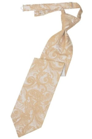 Cream and gold paisley necktie with knot and strap, hanging diagonally against a white background.