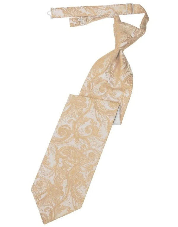 Cream and gold paisley necktie with knot and strap, hanging diagonally against a white background.