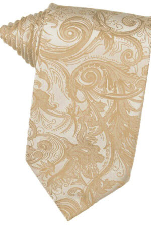 Beige damask-patterned necktie laid flat with rolled end visible on top left corner