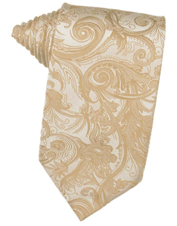 Beige damask-patterned necktie laid flat with rolled end visible on top left corner