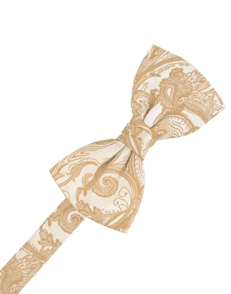 Beige paisley-patterned bow tie tied in a knot on a white background.