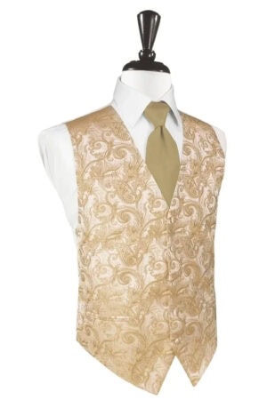 Gold brocade vest over a white dress shirt with a tan tie on a mannequin (formal men'swear).