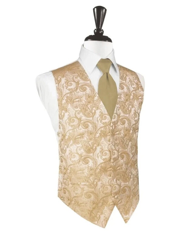 Gold brocade vest over a white dress shirt with a tan tie on a mannequin (formal men'swear).