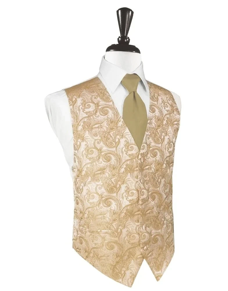 Gold brocade vest over a white dress shirt with a tan tie on a mannequin (formal men'swear).