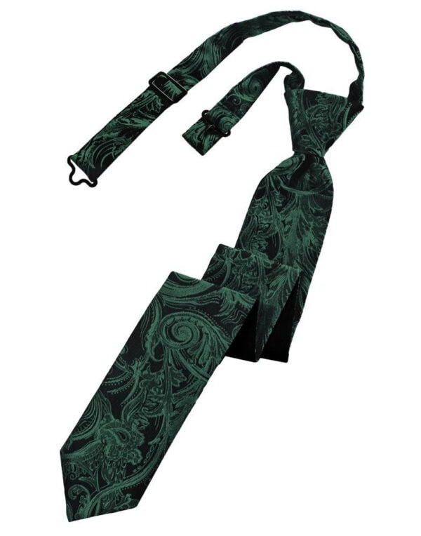 Green paisley-patterned necktie with a matching strap and clip, displayed on a white background.
