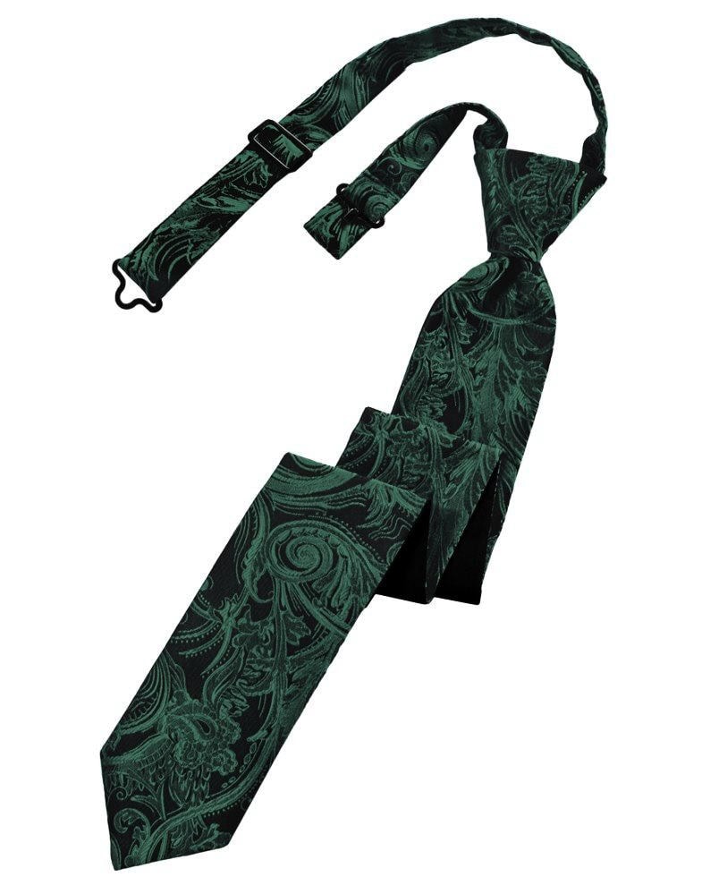 Green paisley-patterned necktie with a matching strap and clip, displayed on a white background.