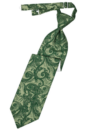 Green paisley-patterned necktie tied in a knot on a white background.