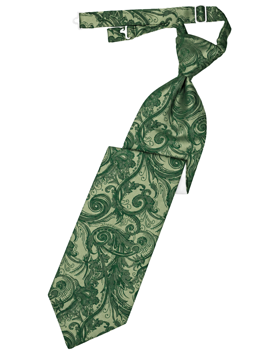 Green paisley-patterned necktie tied in a knot on a white background.