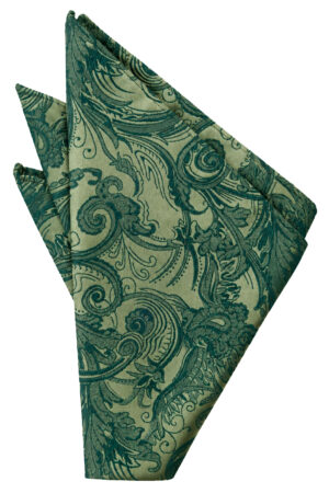 Folded green cloth napkin with an ornate paisley pattern centerpiece. ✂️ Note: decorative table linen folded into a fan shape.