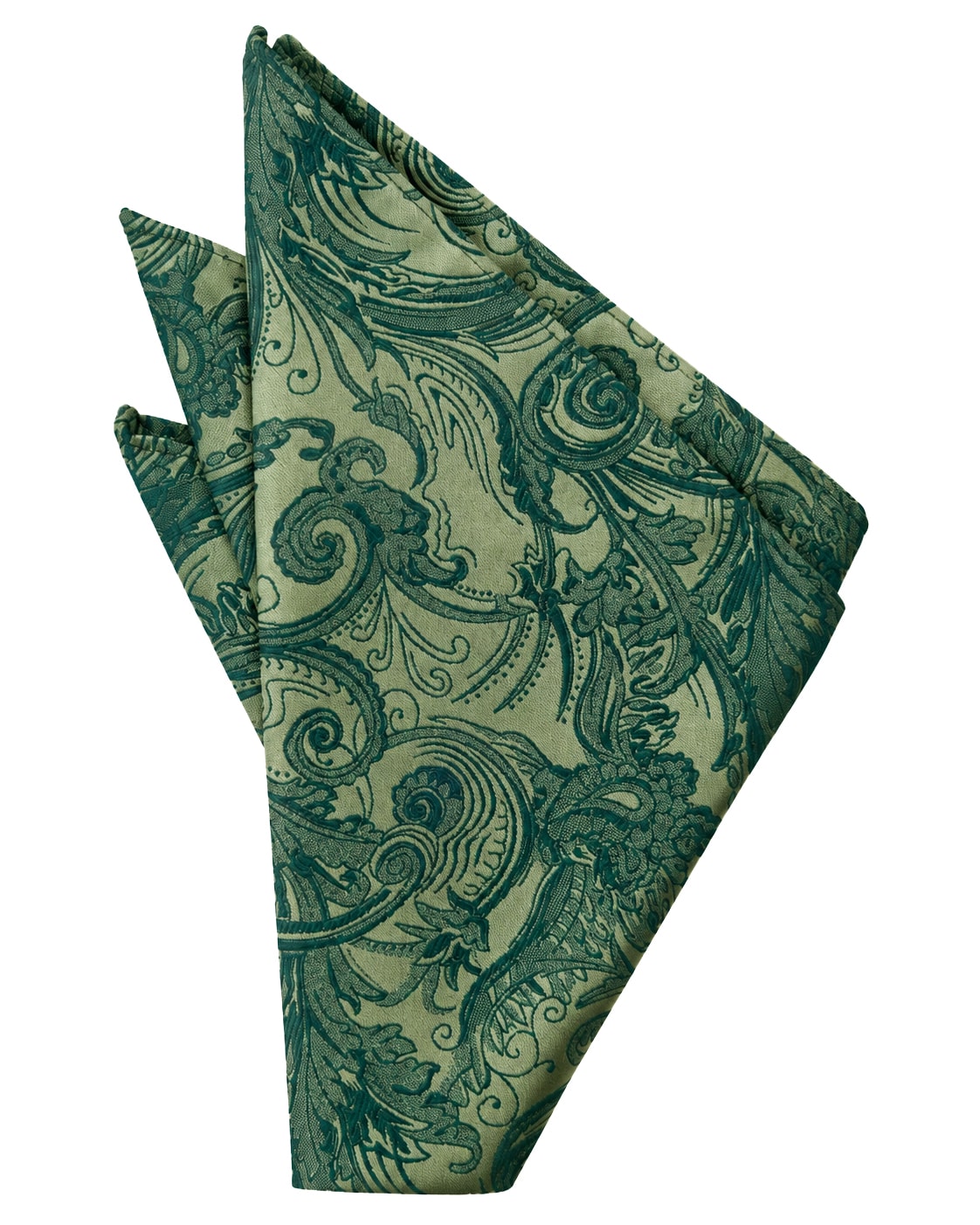 Folded green cloth napkin with an ornate paisley pattern centerpiece. ✂️ Note: decorative table linen folded into a fan shape.