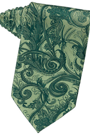 Green paisley-pattern necktie with ornate swirling vines, folded at the top edge as a fashion accessory
