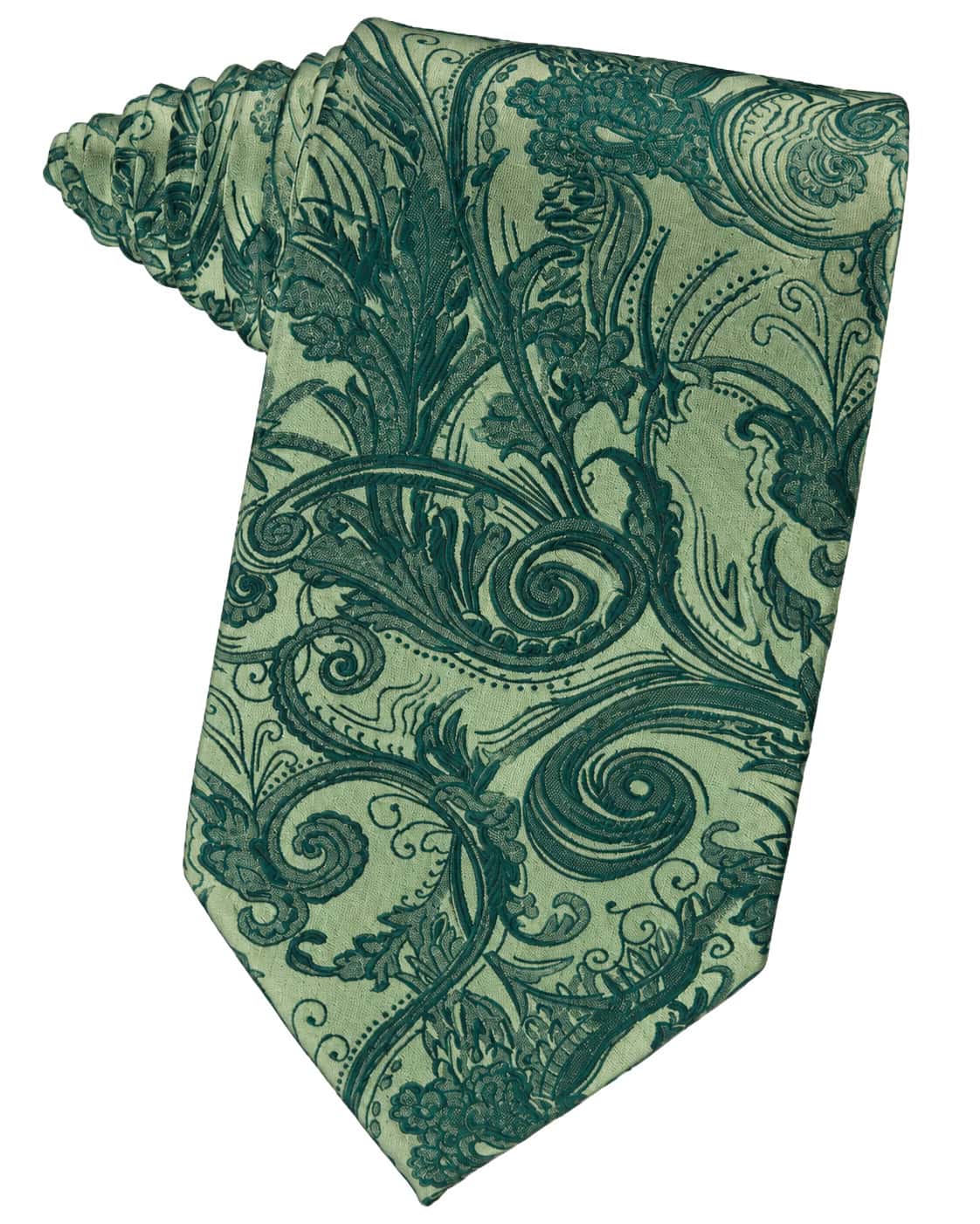 TAHUNN | National Tuxedo Rentals Green paisley-pattern necktie with ornate swirling vines, folded at the top edge as a fashion accessory