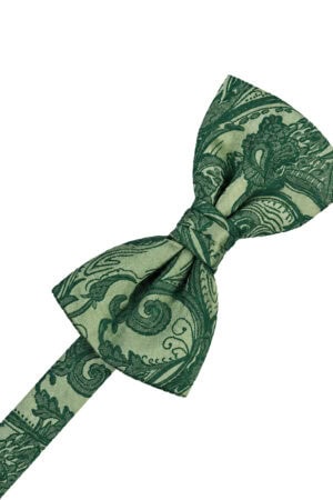 Green paisley-patterned bow tie tied in a knot against a white background (fashion accessory).