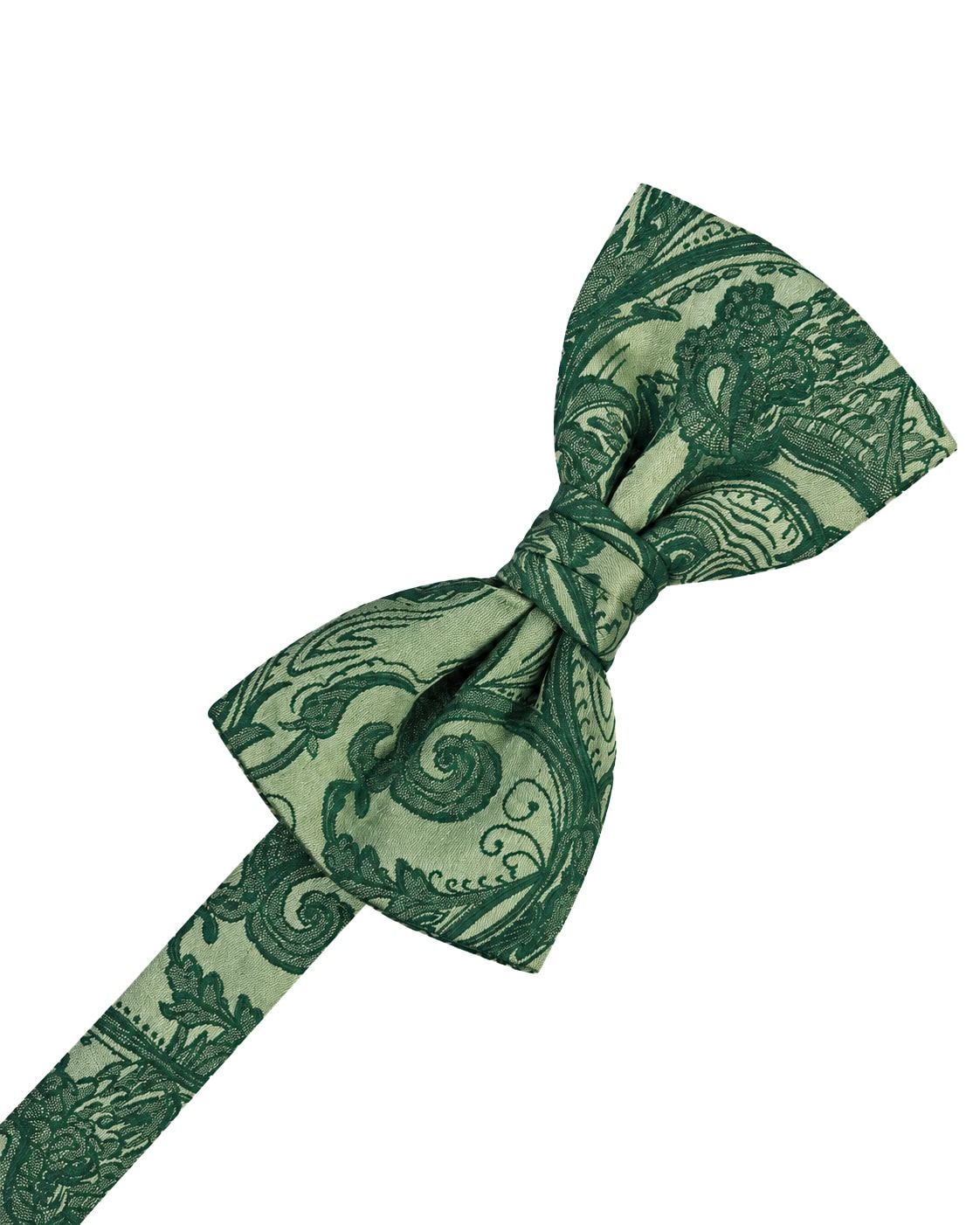 TAHUNT | National Tuxedo Rentals Green paisley-patterned bow tie tied in a knot against a white background (fashion accessory).