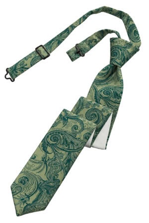 Green paisley-pattern necktie with a matching strap and tie knot, shown stretched diagonally across a white background