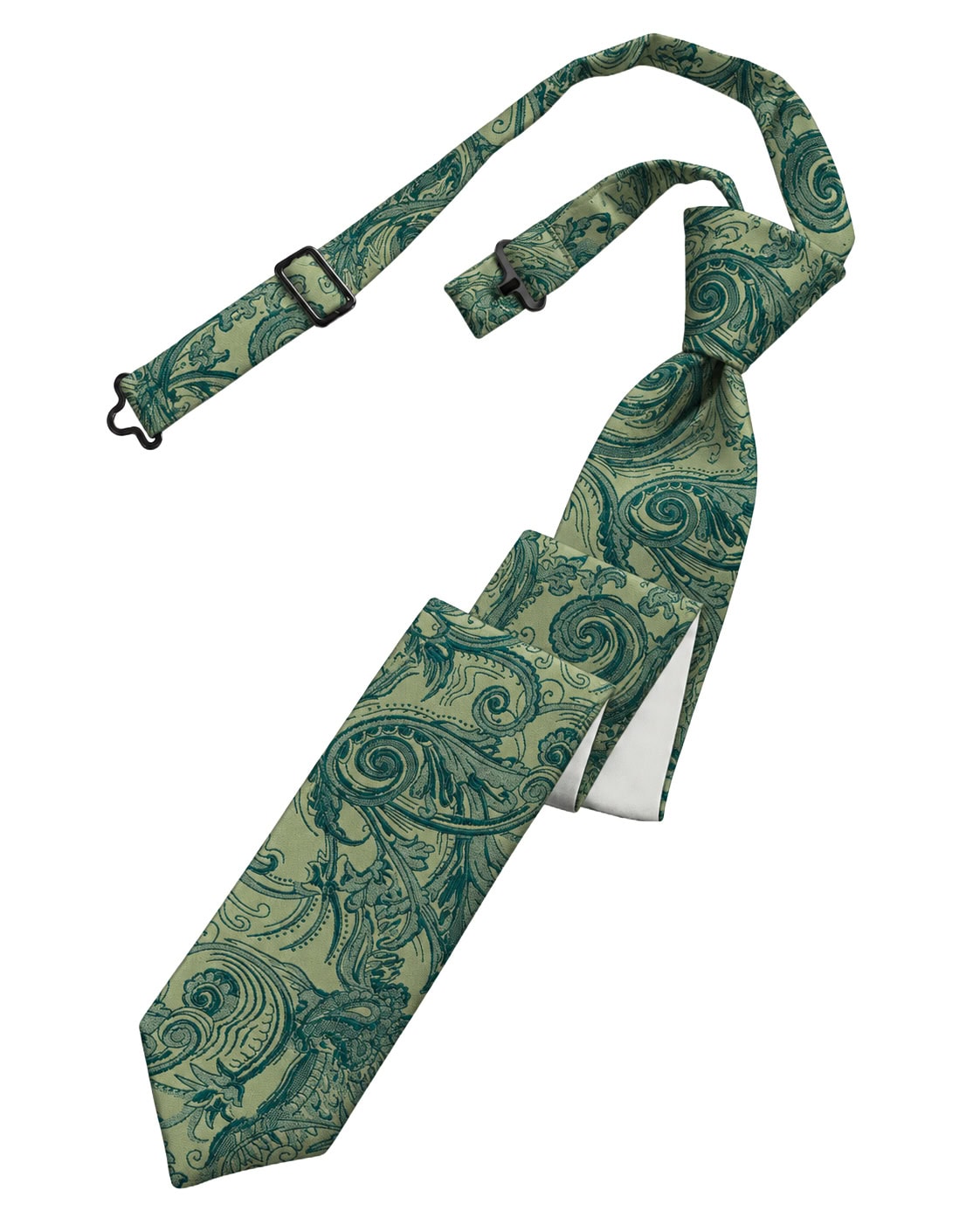 TAHUNk | National Tuxedo Rentals Green paisley-pattern necktie with a matching strap and tie knot, shown stretched diagonally across a white background