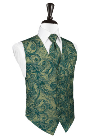 Green paisley-patterned waistcoat over a white dress shirt with a matching tie on a mannequin.