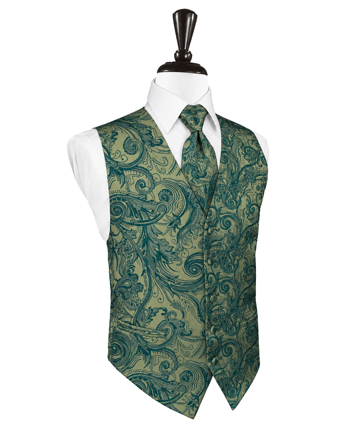 TAHUNv | National Tuxedo Rentals Green paisley-patterned waistcoat over a white dress shirt with a matching tie on a mannequin.