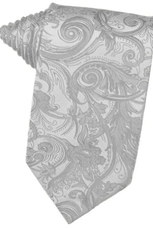 Gray necktie with an intricate paisley floral pattern.