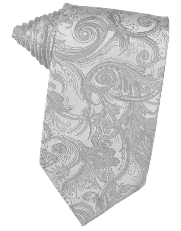 Gray necktie with an intricate paisley floral pattern.