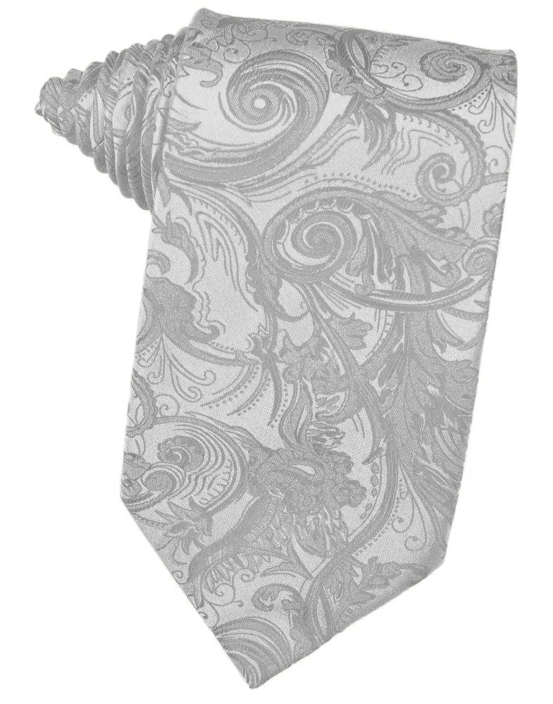 Gray necktie with an intricate paisley floral pattern.
