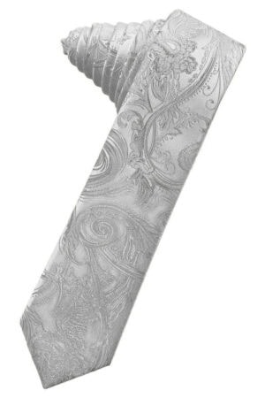 Gray paisley-patterned necktie rolled diagonally, showing intricate swirls.
