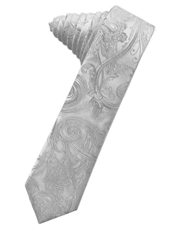 Gray paisley-patterned necktie rolled diagonally, showing intricate swirls.