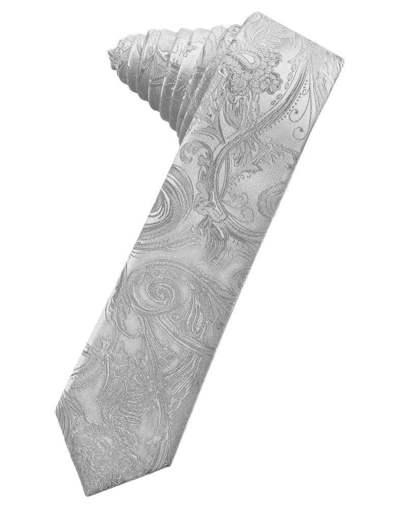Gray paisley-patterned necktie rolled diagonally, showing intricate swirls.